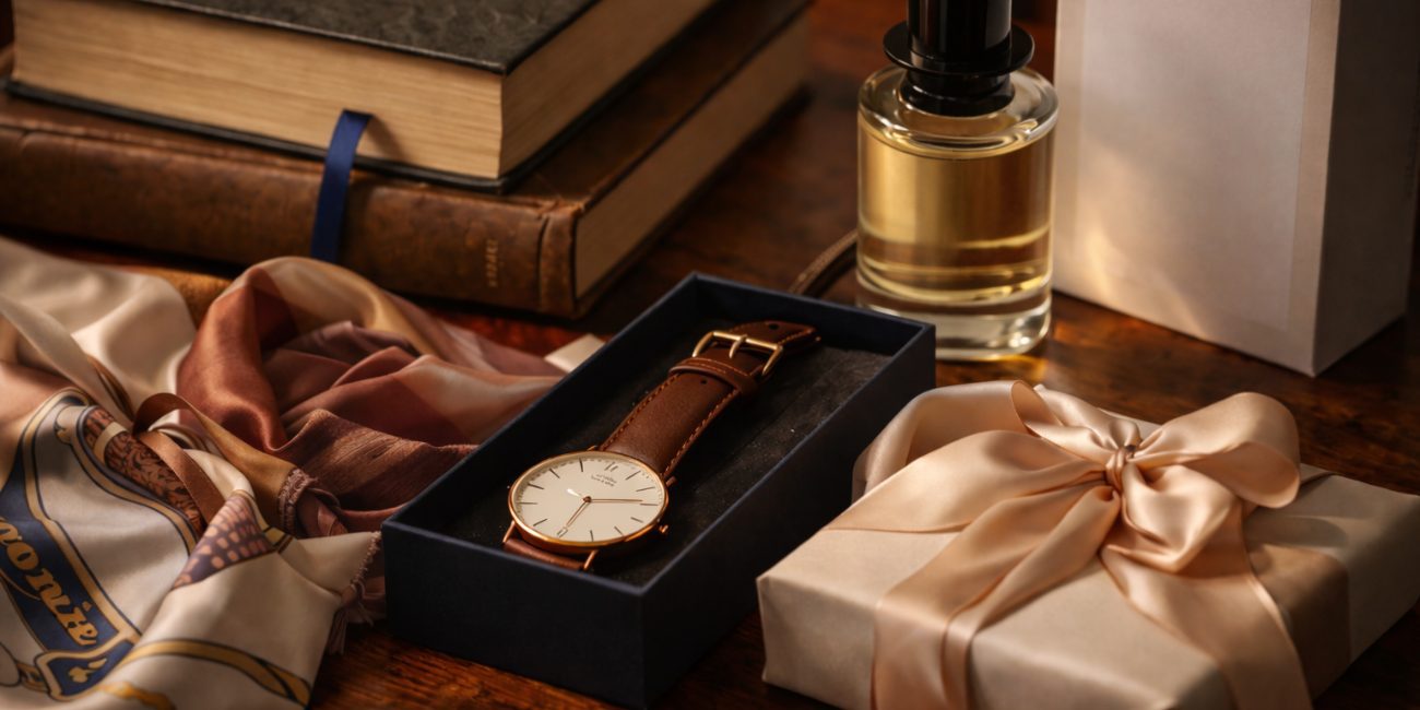Cream-wrapped gift box, silk scarf, books, watch, and perfume arranged on wood. Timeless Valentine’s Gifts She’ll Love with quiet luxury.
