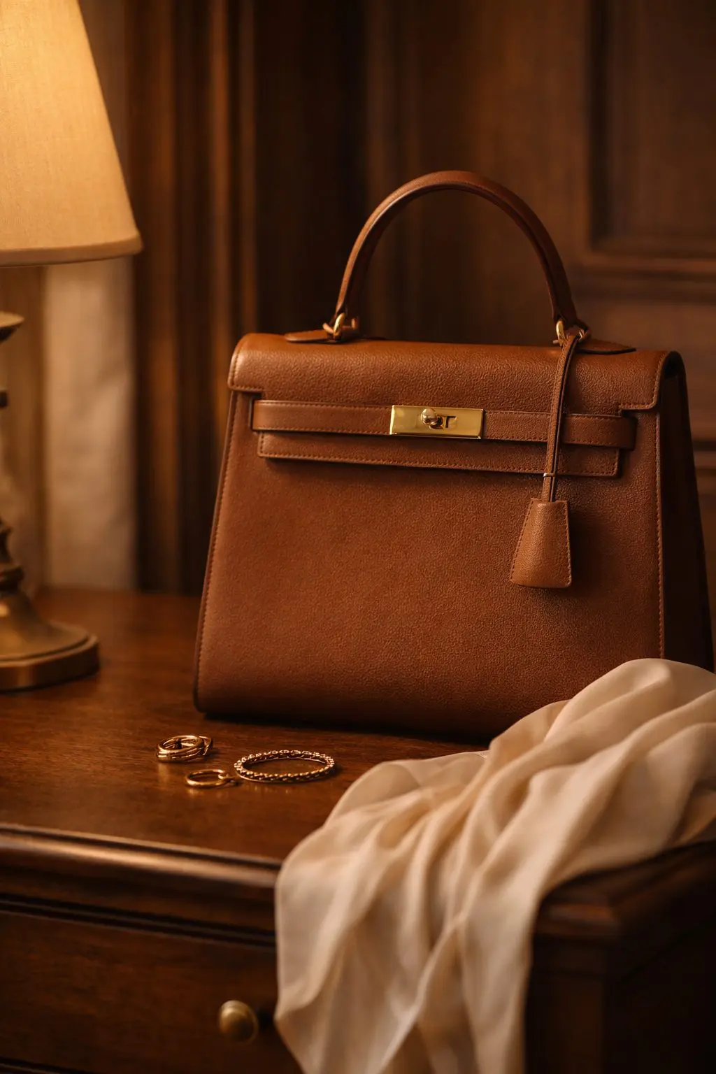 Structured leather bag, gold jewelry, and silk scarf styled simply for what to wear in March accessories.