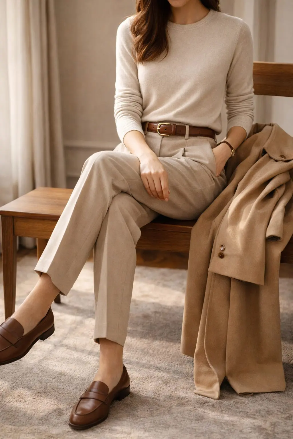 Easy March outfit with knit, trousers, loafers, and trench, a repeatable formula for what to wear in March.
