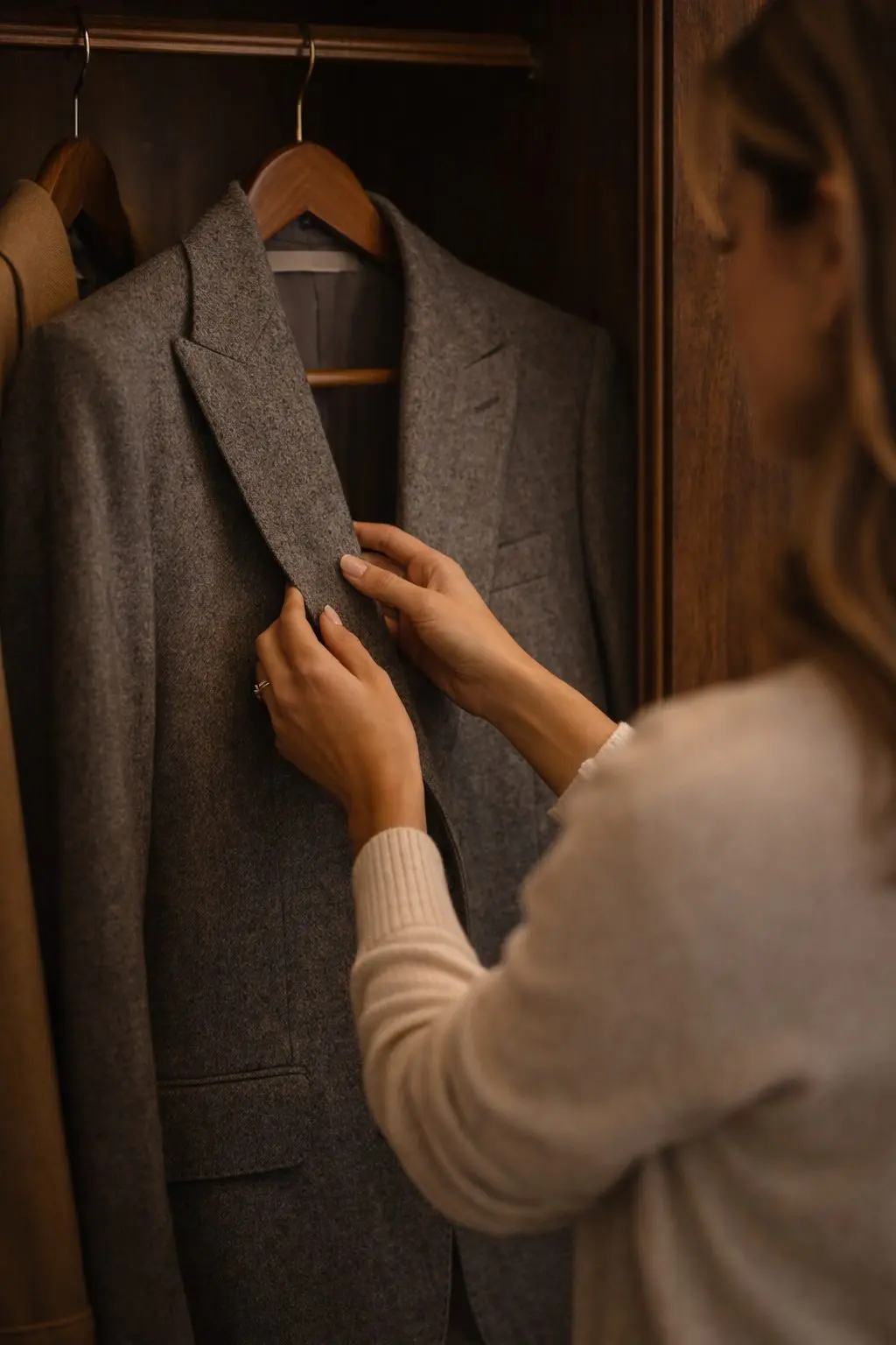 Quiet wardrobe moment with hands on a wool blazer, reflecting on what to wear in March before buying new.