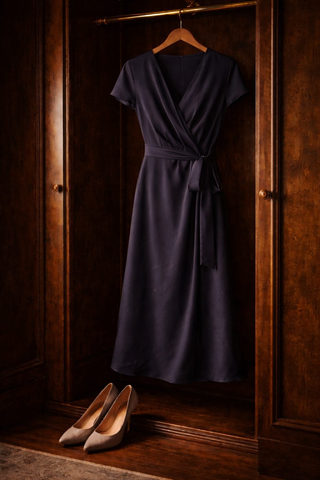 Navy silk wrap dress hanging neatly in a dark wood wardrobe, showing gentle wear and restraint of old money formal dresses
