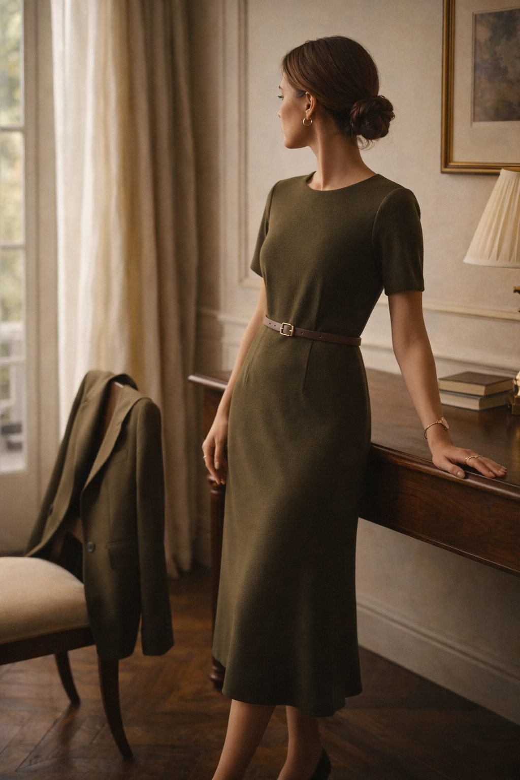 Woman wearing an olive wool midi dress with blazer nearby, showing real-life ease in old money formal dresses