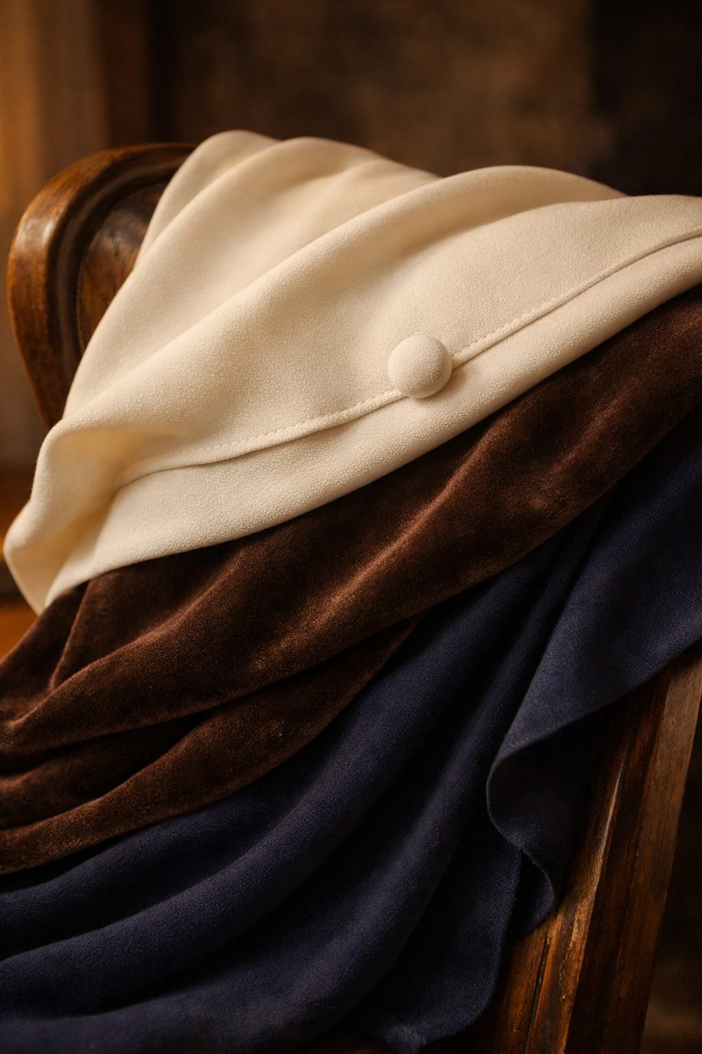 Close-up of silk and velvet layers draped over a wooden chair, highlighting texture and weight in old money formal dresses
