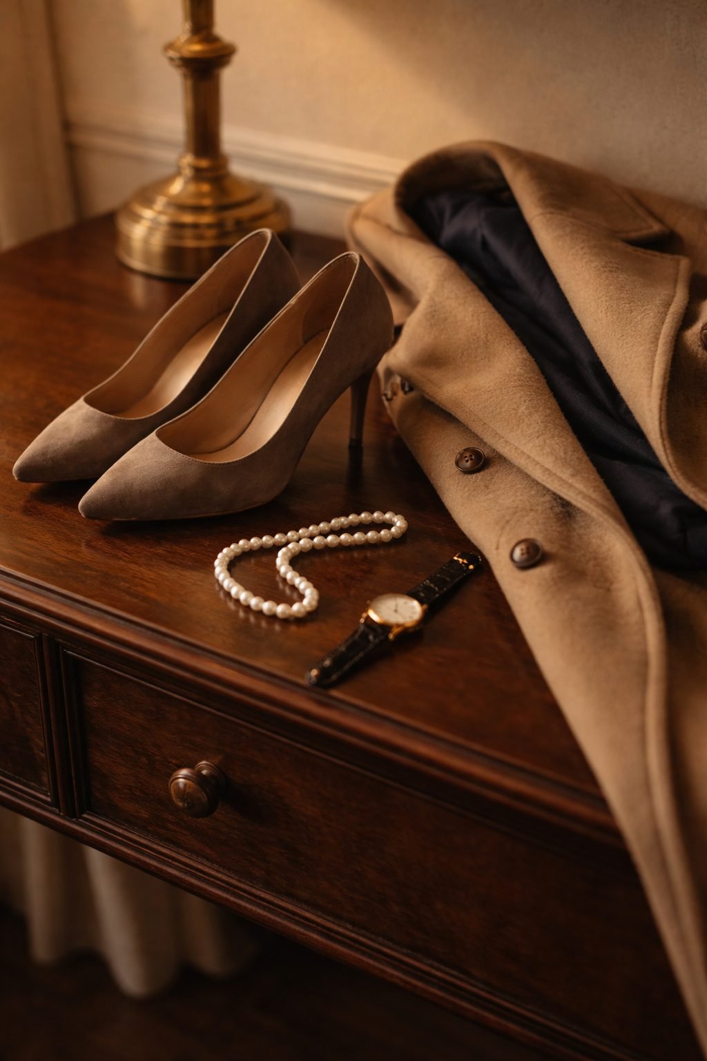 Suede heels, wool coat, pearls, and gold watch on a wooden dresser, refined details of old money formal dresses