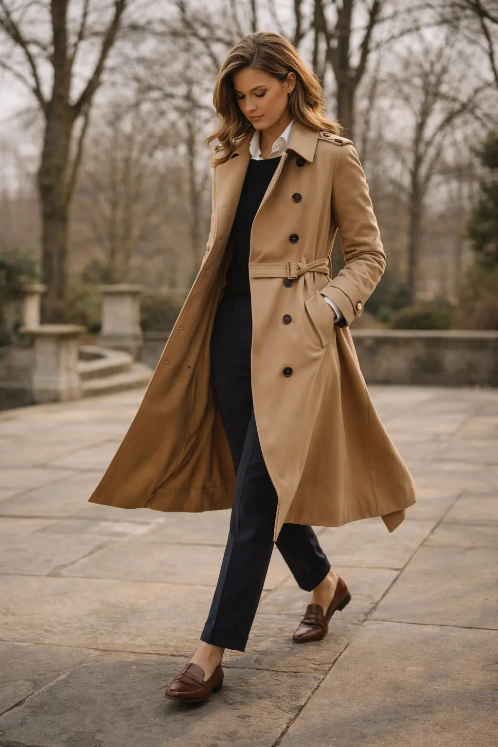 Camel trench coat over tailored trousers outdoors, showing what to wear in March when outerwear does the work.
