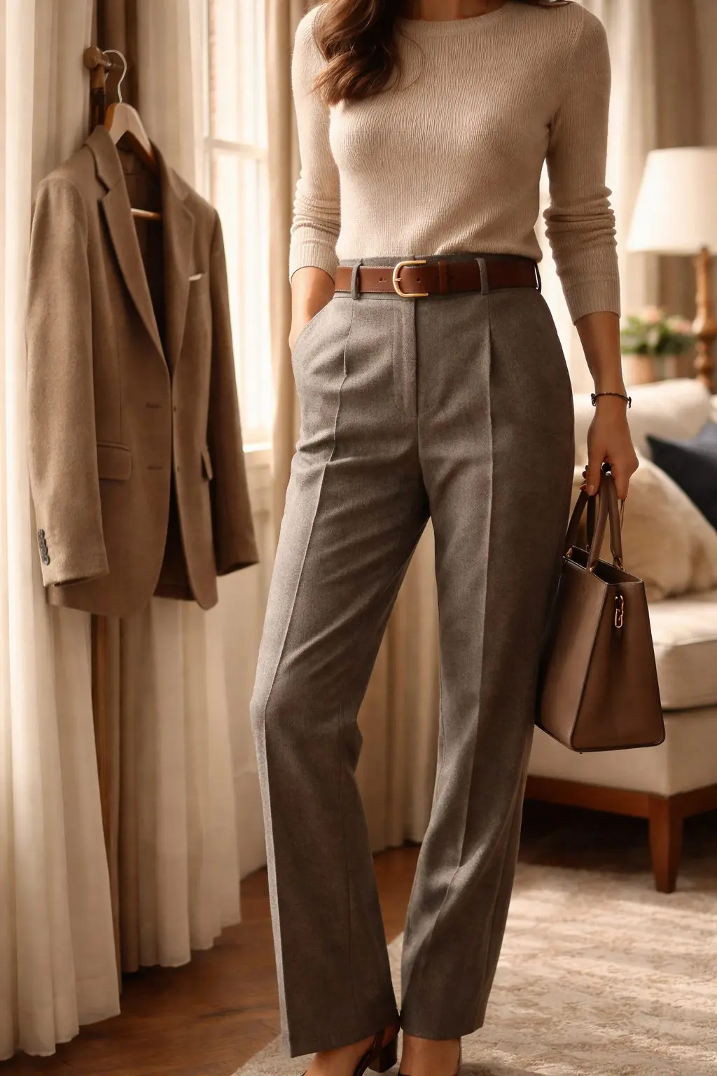 Tailored trousers styled simply for early spring, showing what to wear in March without relying on dresses.
