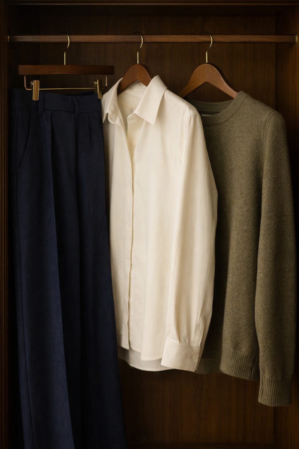 Wool trousers, cotton shirt, and knit hanging neatly, highlighting fabrics that matter for what to wear in March.