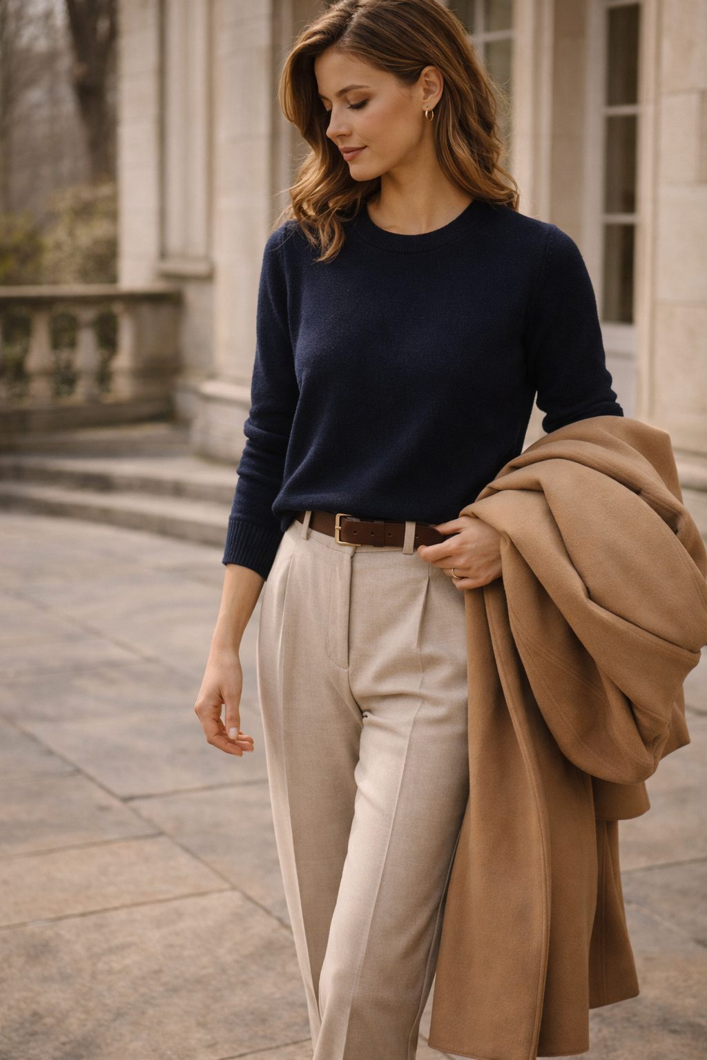 Navy knit, beige trousers, and camel coat showing balanced neutrals and what to wear in March color palettes.