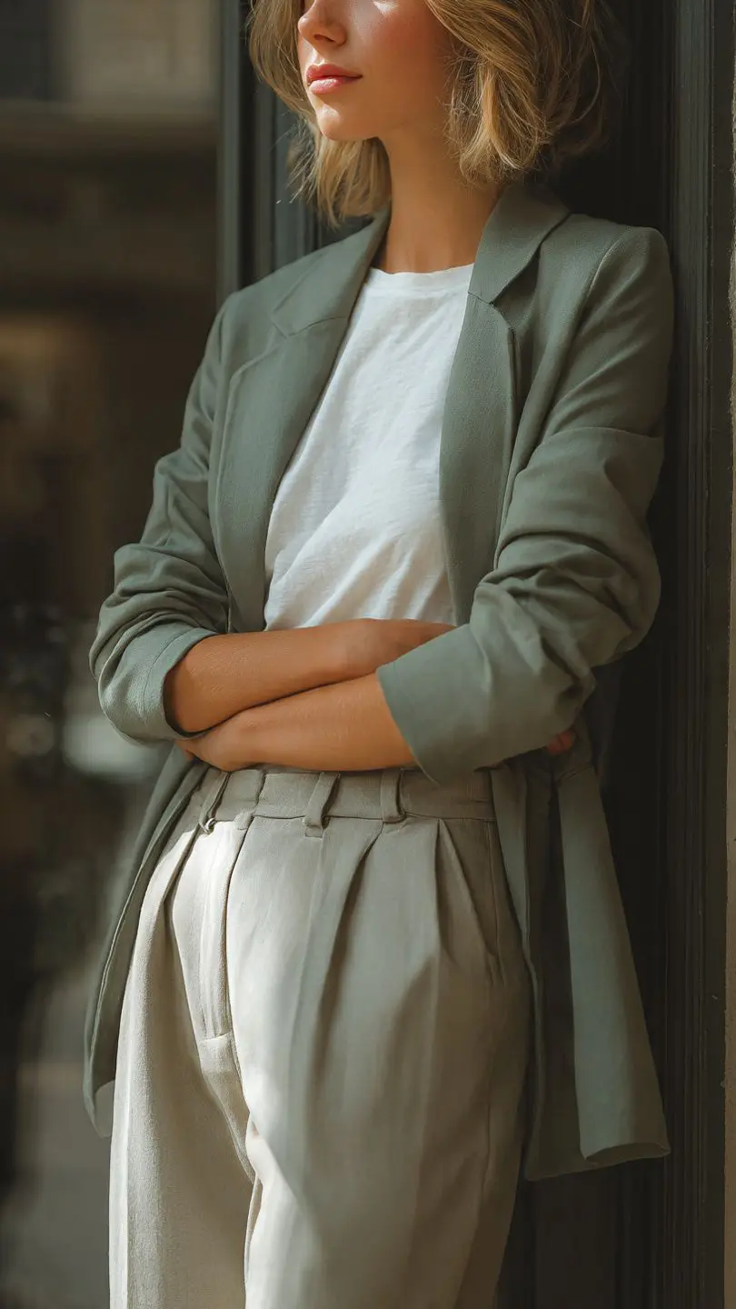 Spring 2026 Fashion Trends featuring relaxed olive blazer, white tee, and fluid tailored trousers