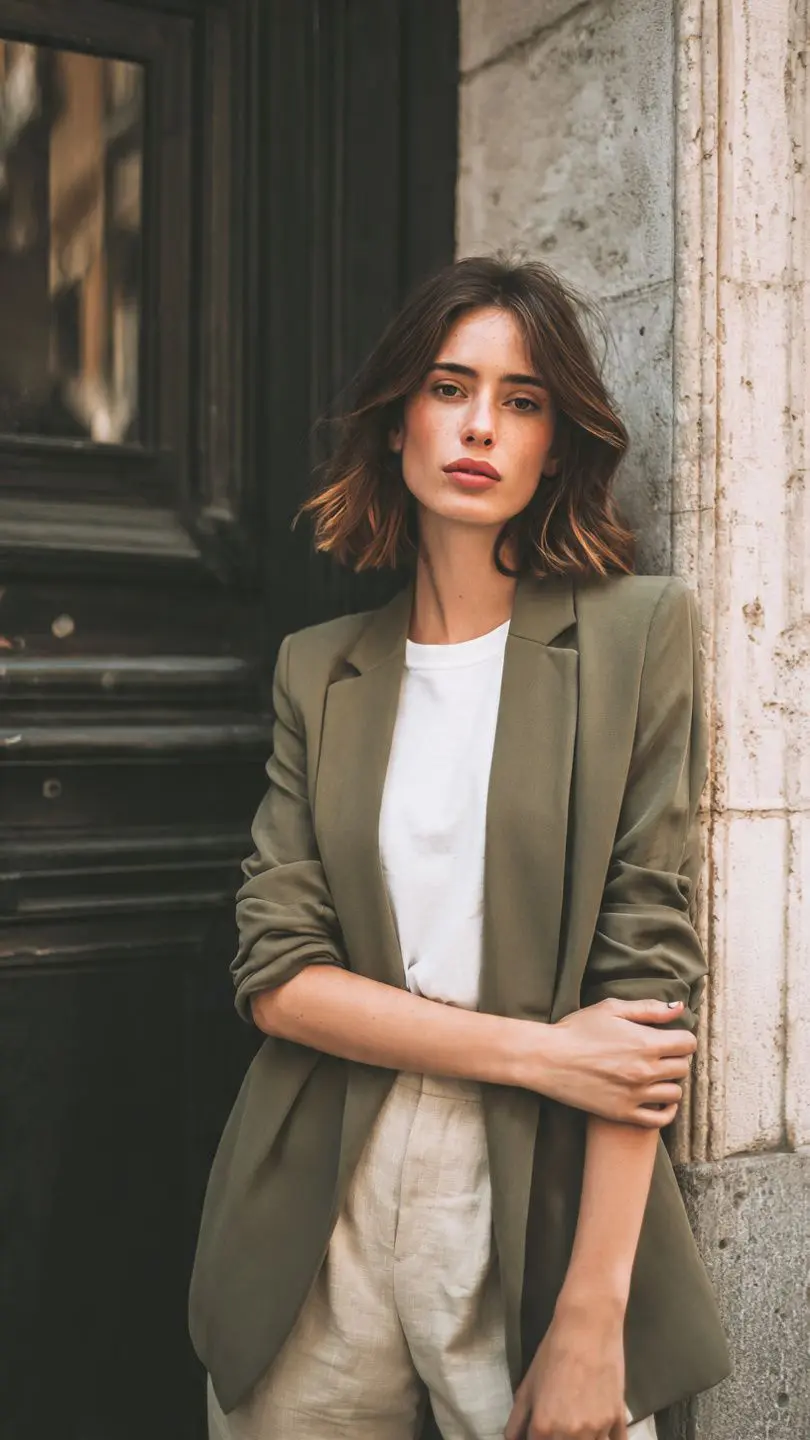 Spring 2026 Fashion Trends showing relaxed tailoring with an olive blazer, white tee, and linen trousers