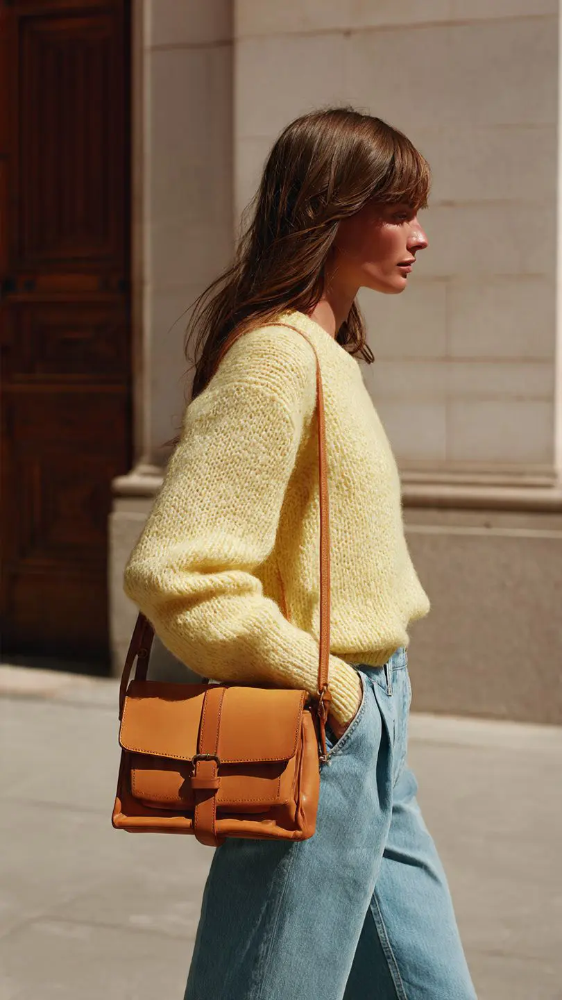 Spring 2026 Fashion Trends showing a yellow knit sweater with relaxed denim and a structured leather shoulder bag