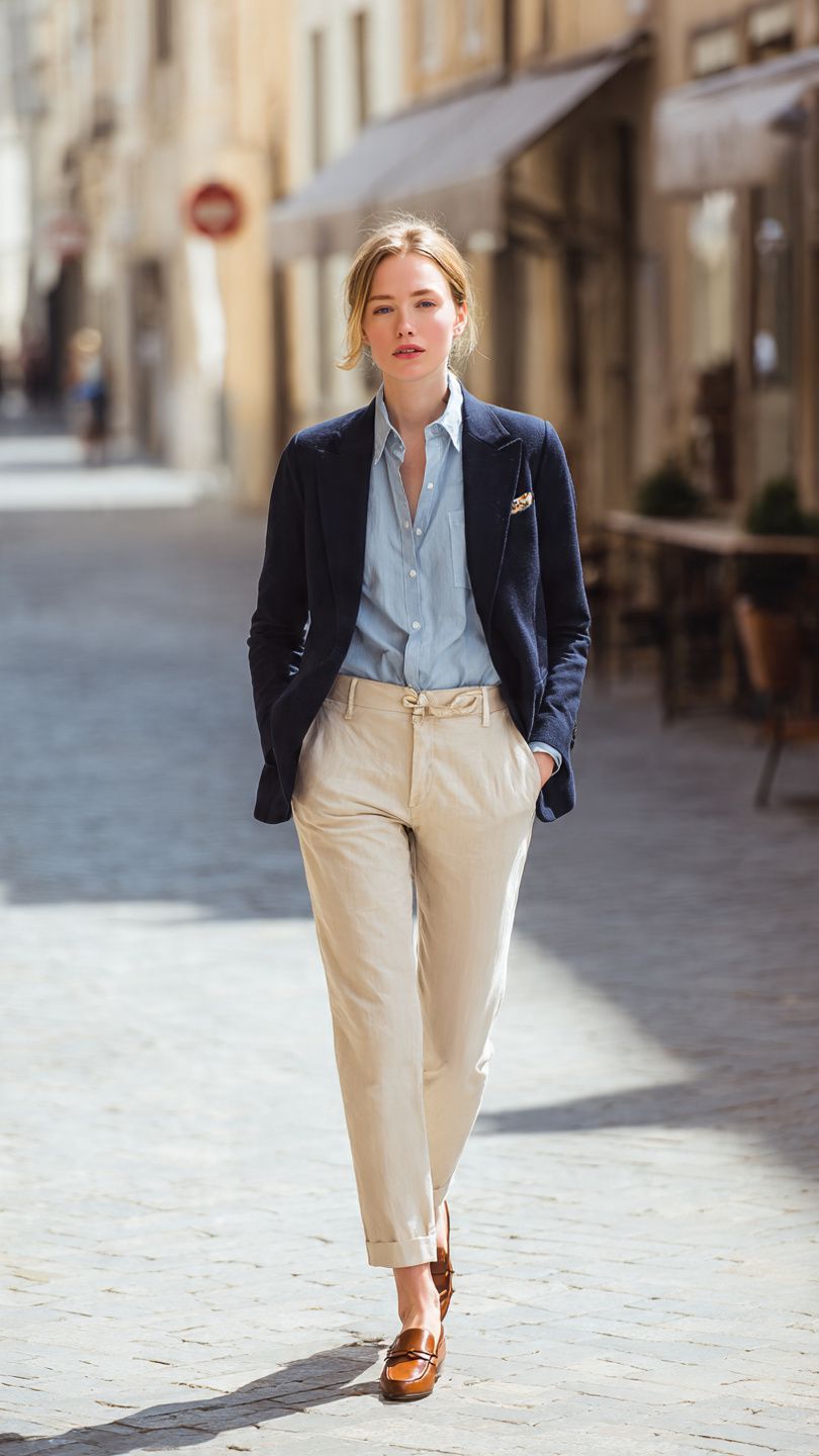 Spring 2026 Fashion Trends featuring navy blazer, chambray shirt, cream trousers, and leather loafers