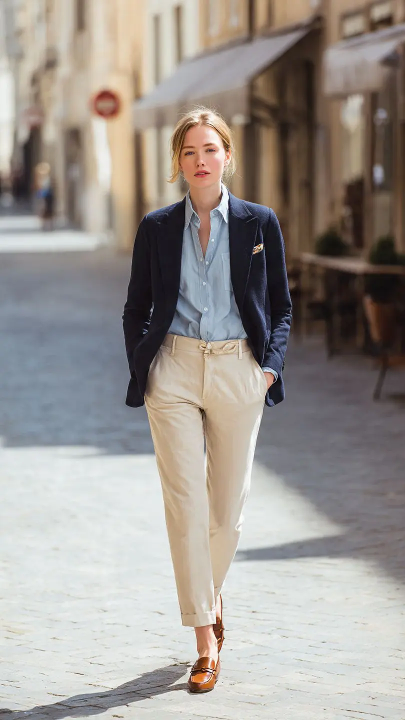 Spring 2026 Fashion Trends featuring navy blazer, chambray shirt, cream trousers, and leather loafers