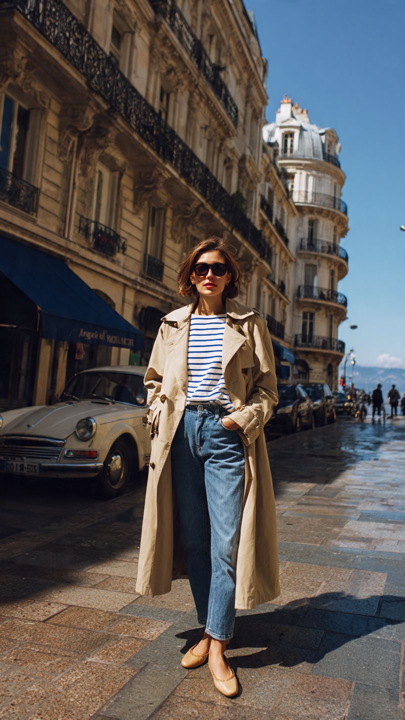 Spring 2026 Fashion Trends with classic denim, striped tee, and trench coat styled for everyday city wear