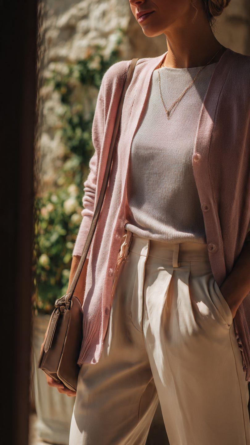 Spring 2026 Fashion Trends highlighting fine knitwear layered with tailored trousers and a simple crossbody bag