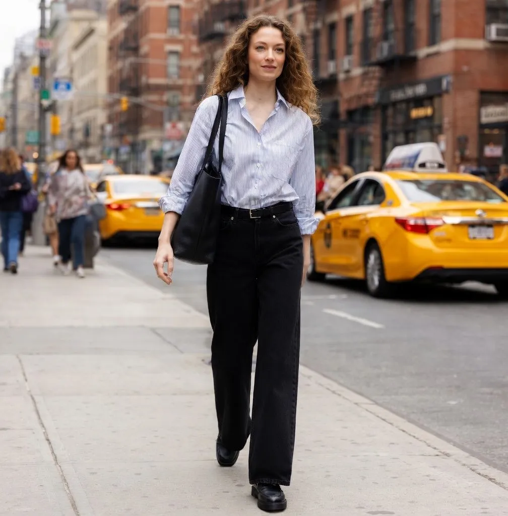 Striped Button-Down with black wide leg trousers