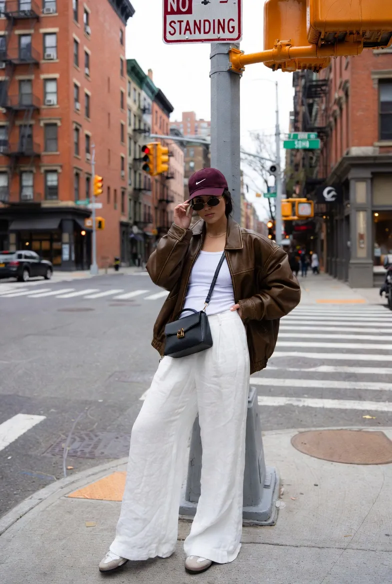 The Brown Leather Jacket With Wide-Leg White Trousers