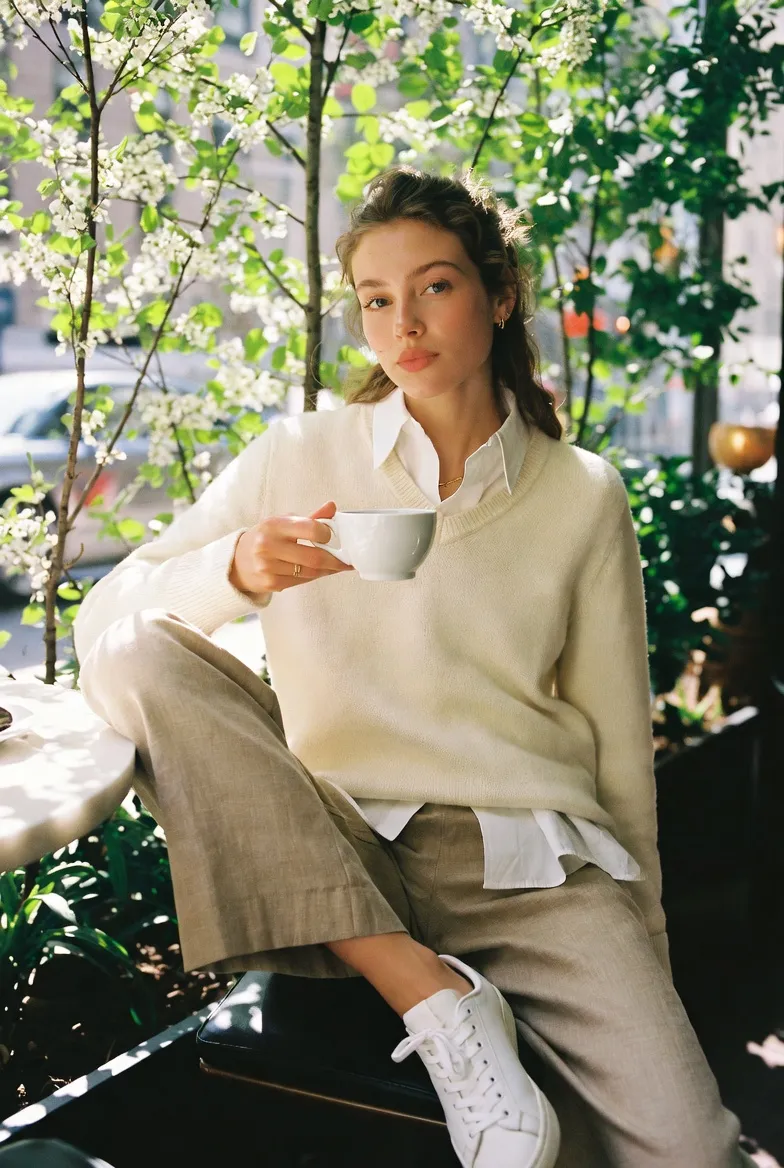 The Cream Knit Sweater Over a White Shirt With Linen Trousers