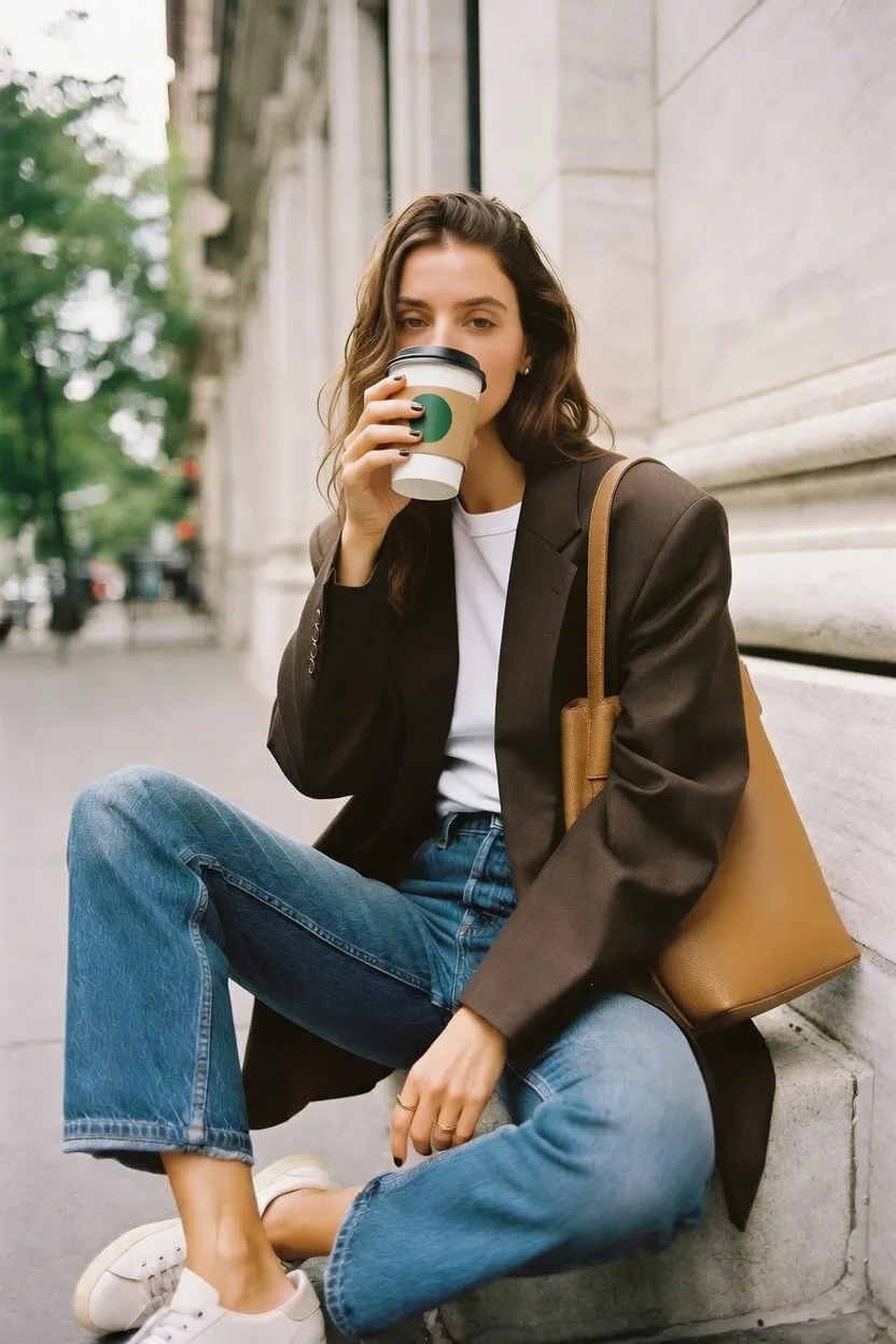 The Dark Brown Blazer With Blue Jeans and White Sneakers