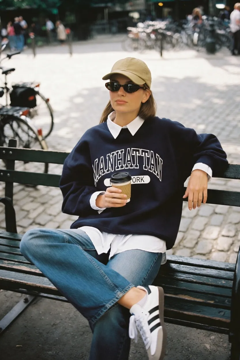 The Manhattan Graphic Sweatshirt Over a White Collar Shirt With Jeans