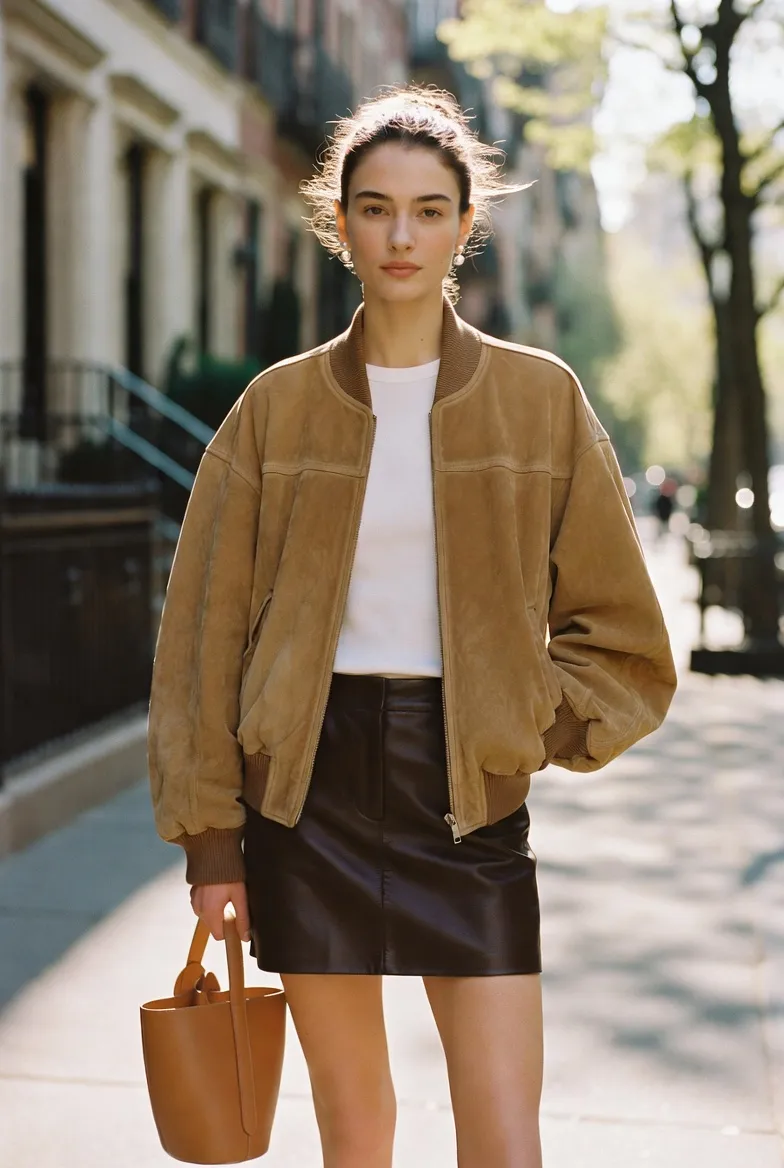 The Suede Bomber Jacket With a Leather Mini Skirt