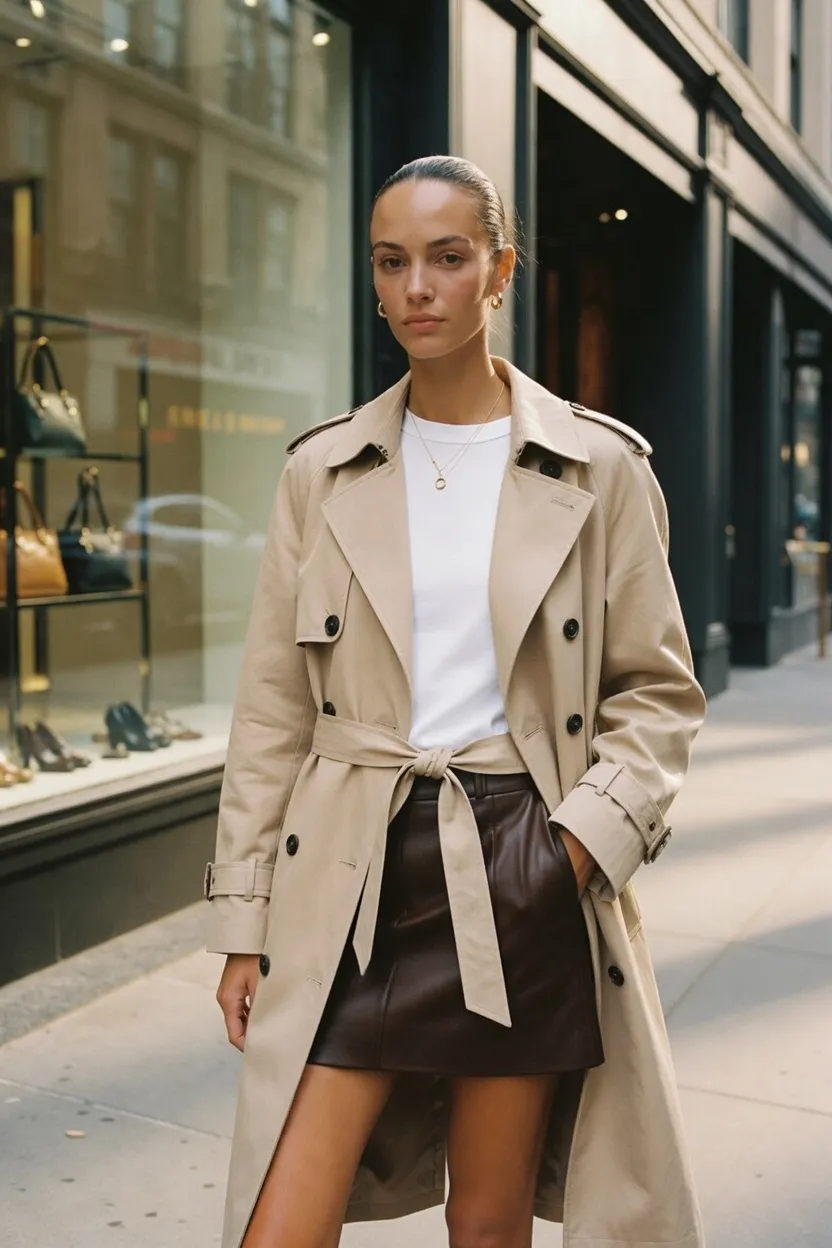 The Trench Coat With a Leather Mini Skirt and White Tee
