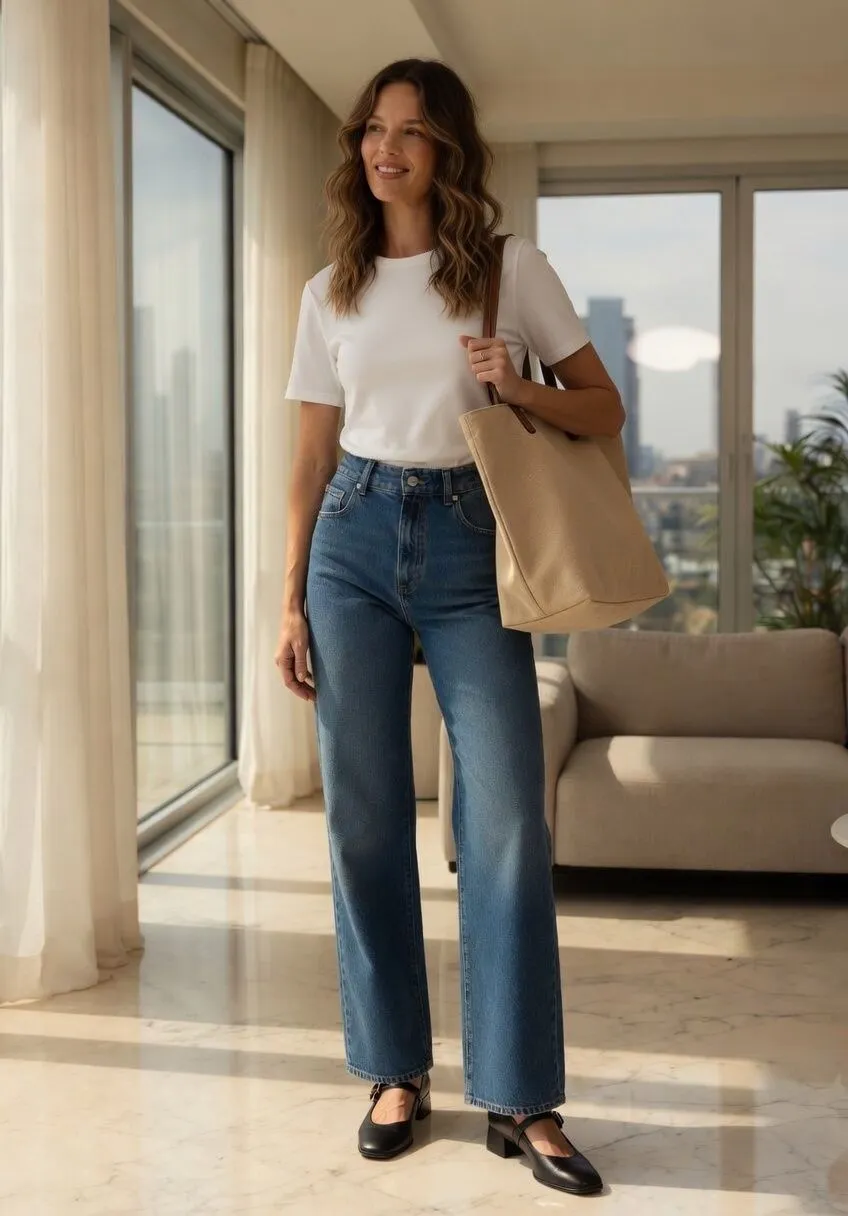 The White Tee With Wide-Leg Jeans and a Tote Bag