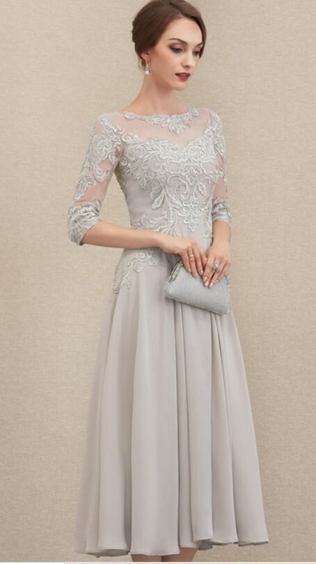 JJ's House Leanna A-Line Illusion Lace Tea-Length Dress in Silver