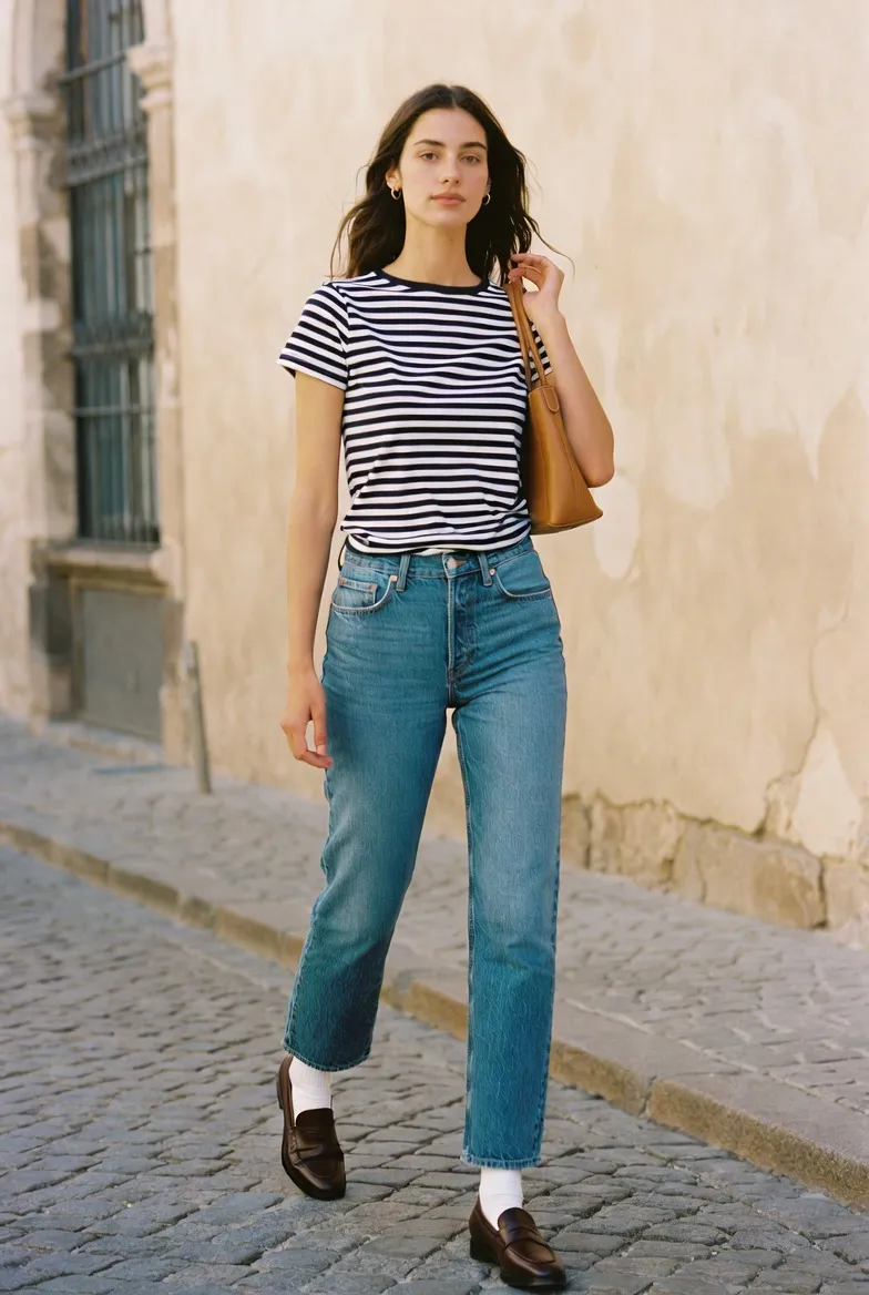 Breton Stripe Tee With Straight Jeans and Dark Brown Loafers