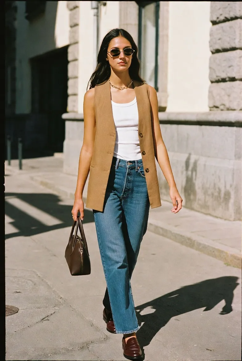 Camel Sleeveless Blazer With White Tank, Straight Jeans and Dark Brown Loafers