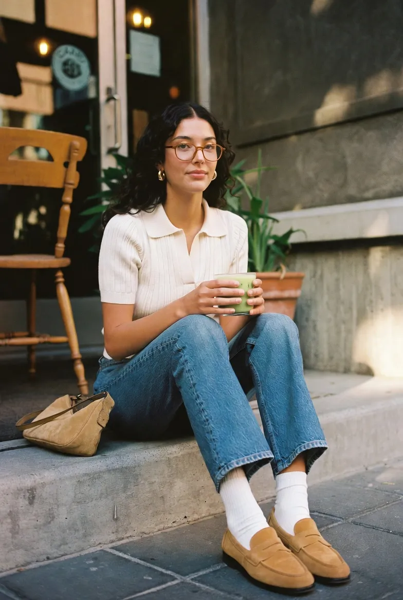 Cream Knit Polo Top With Straight Jeans and Tan Suede Loafers