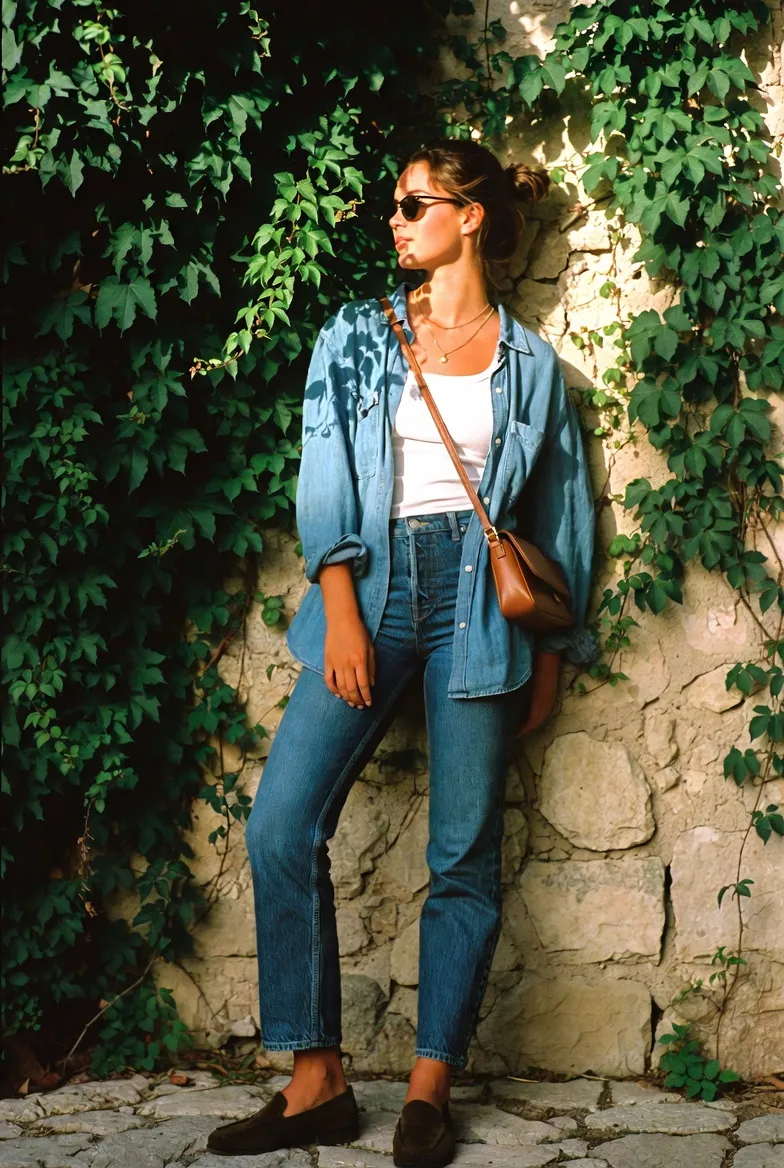 Double Denim With White Tank and Dark Brown Loafers