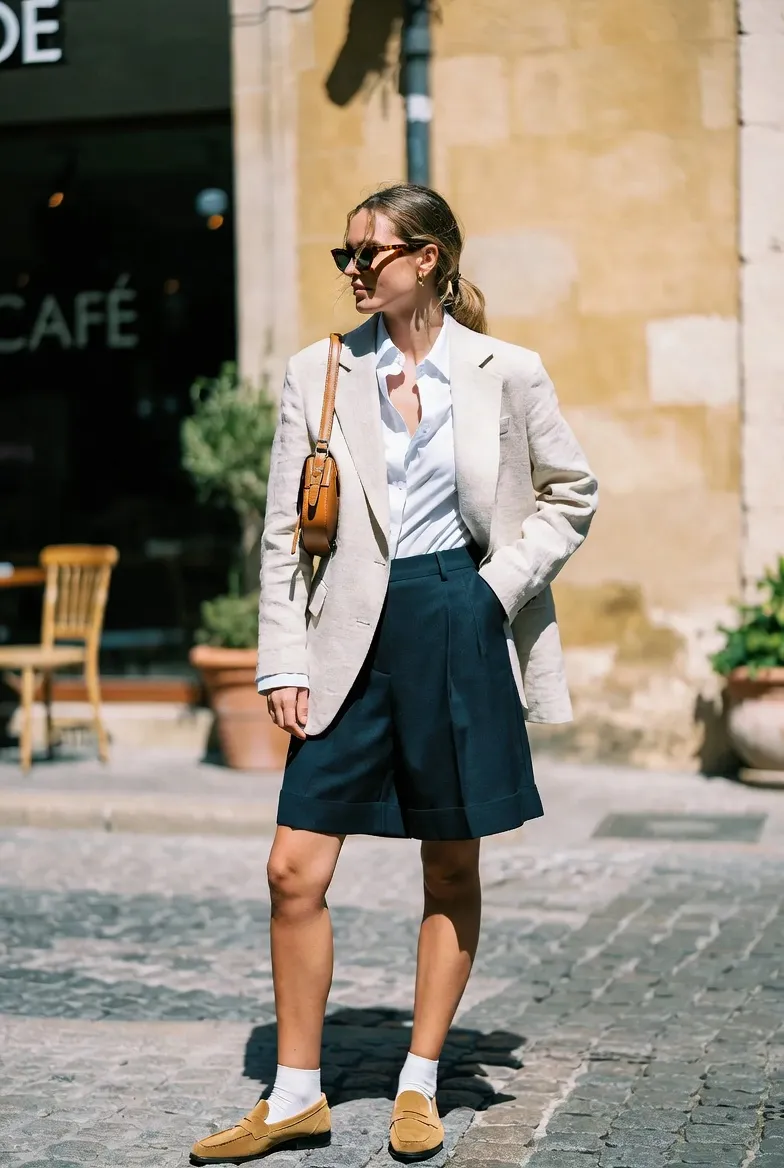 Linen Blazer With White Shirt, Navy Shorts and Tan Loafers