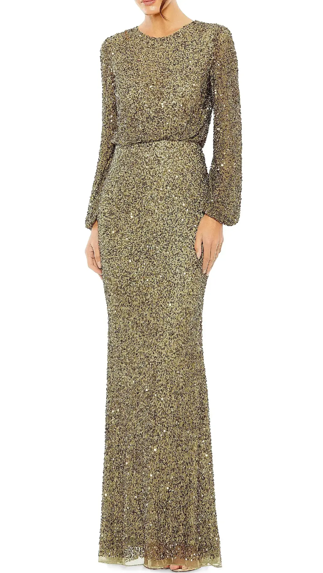 Mac Duggal Sequined Blouson Column Gown in Olive