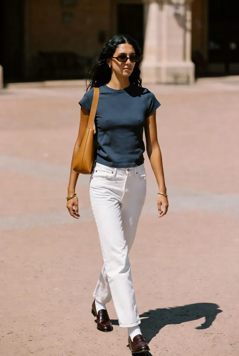 Navy Fitted Tee With White Jeans and Dark Brown Loafers