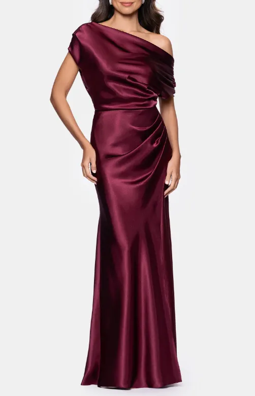 One-Shoulder Satin Floor-Length Gown in Wine