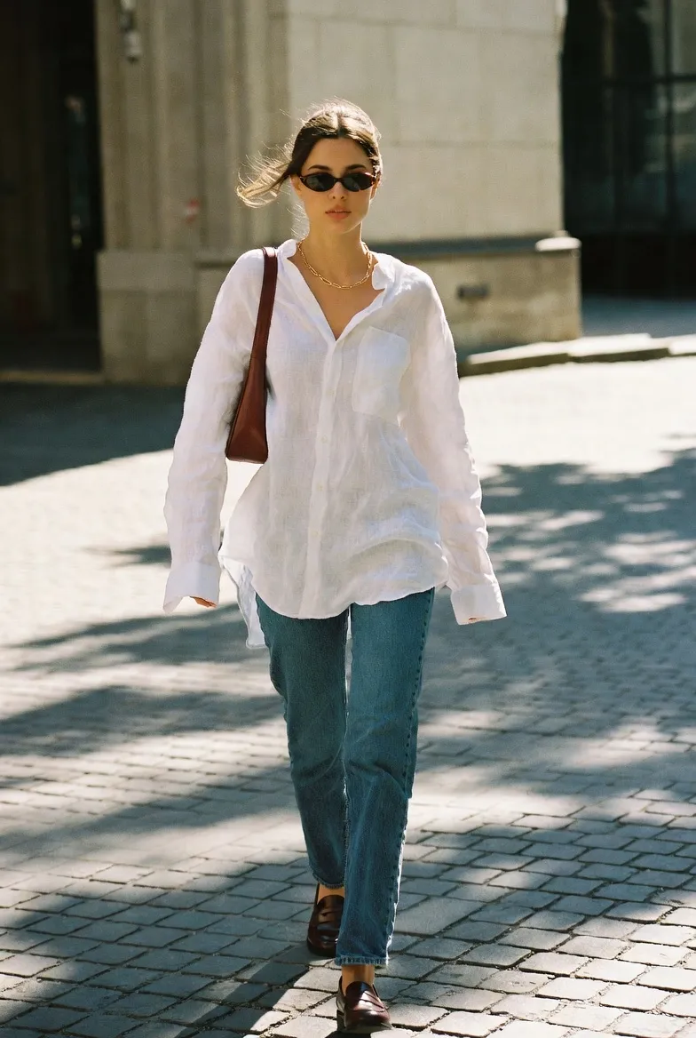 Oversized White Linen Shirt With Straight Jeans and Dark Brown Loafers