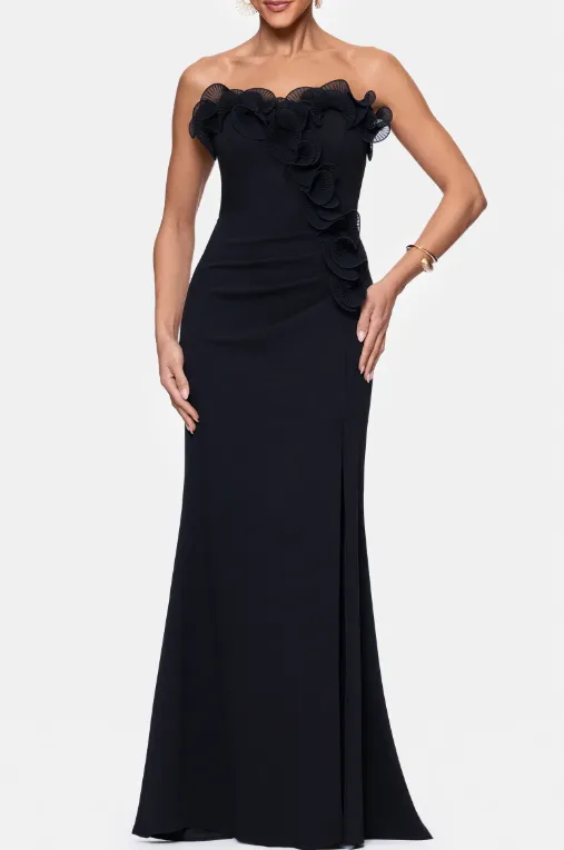 Strapless Ruffle Column Gown in Black