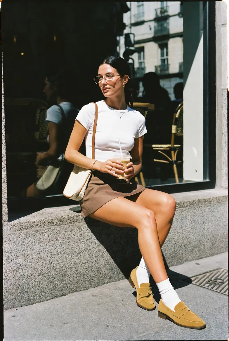 White Fitted Tee With Brown Mini Skirt and Tan Loafers