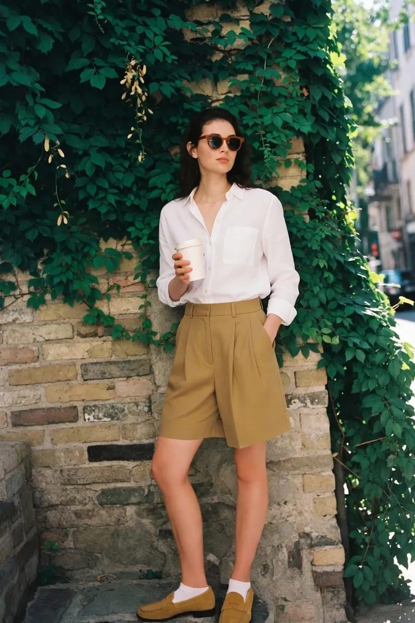 White Shirt With Khaki Bermuda Shorts and Tan Suede Loafers
