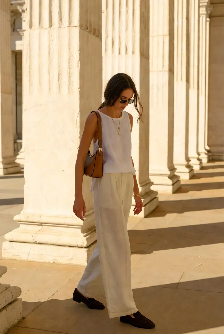 All White Linen Set With Dark Brown Loafers