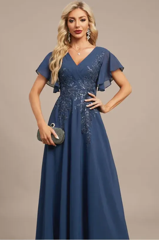  JJ's House Jelany A-Line Flutter Sleeve Floor-Length Gown