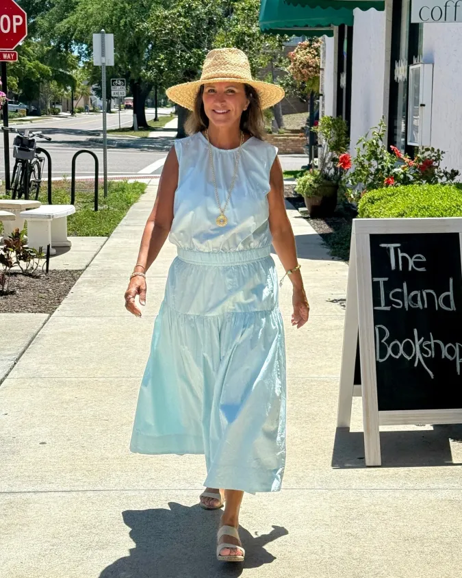 Breezy Blue Midi & Straw Hat Elegance