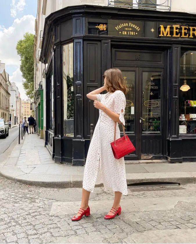 Polka Dot Midi Dress & Crimson Accents
