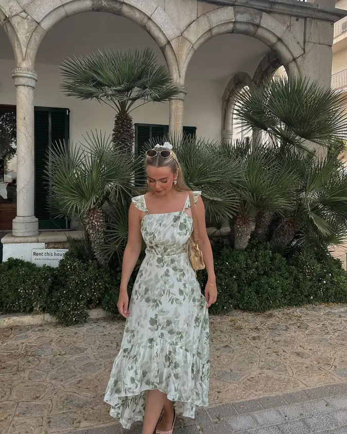 Sage Green Floral High-Low Maxi Dress