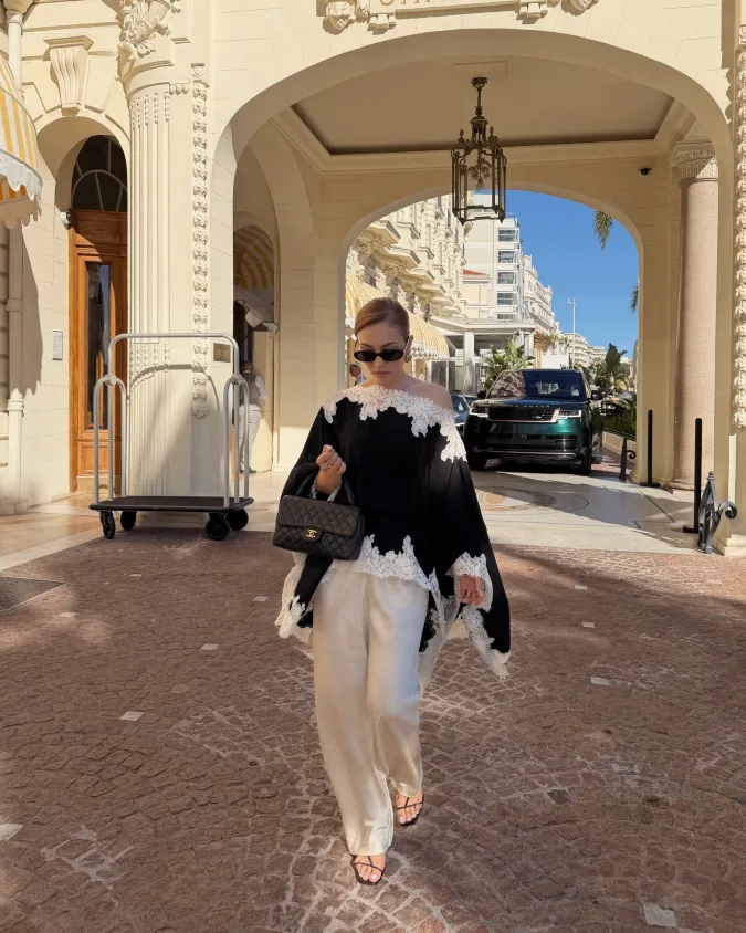 The Monochromatic Lace Poncho & Silk Wide-Leg Pant Outfit