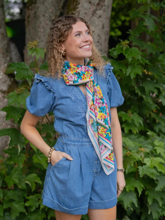Vibrant Silk Accent & Denim Jumpsuit