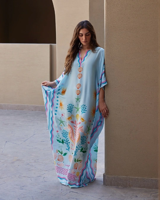 Light Blue Ocean Motif Kaftan Maxi Dress