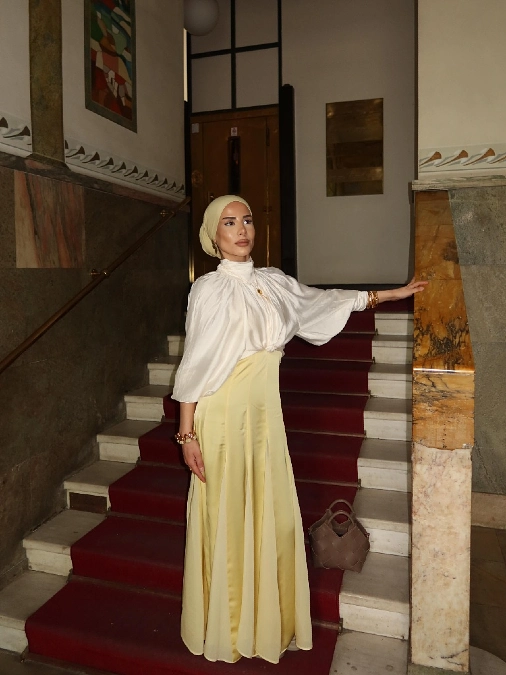 Cream Satin Skirt with Statement Blouse
