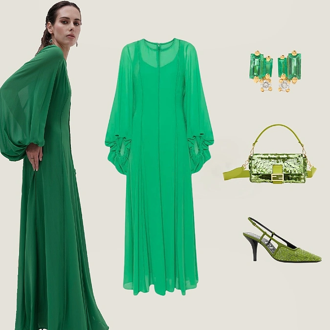 Emerald Green Maxi Dress with Statement Accessories